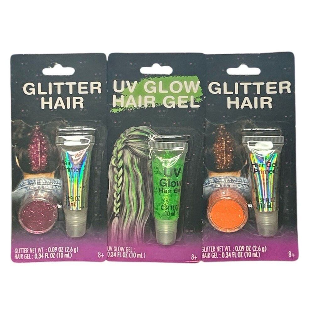 Halloween Hair Glitter Set Gel Primer + Orange And Magenta Glitter. UV Glow Gel